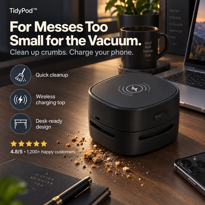 TidyPod™ — 2-in-1 Desktop Cleaner & Wireless Charger