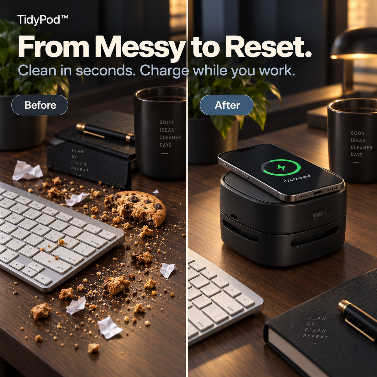 TidyPod™ — 2-in-1 Desktop Cleaner & Wireless Charger