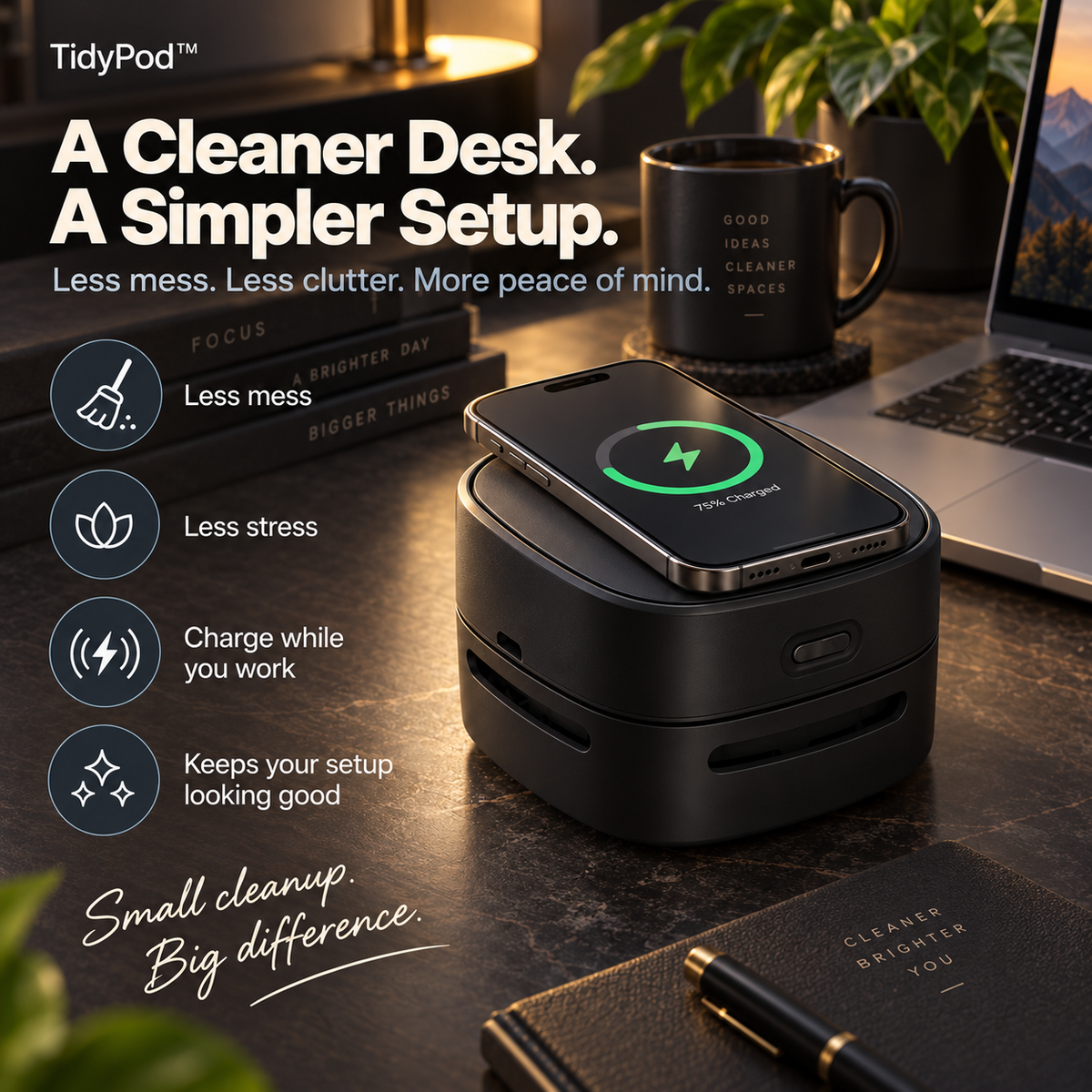 TidyPod™ — 2-in-1 Desktop Cleaner & Wireless Charger