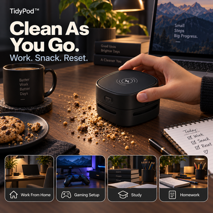 TidyPod™ — 2-in-1 Desktop Cleaner & Wireless Charger