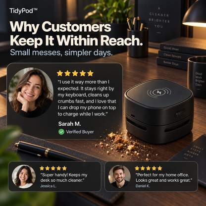 TidyPod™ — 2-in-1 Desktop Cleaner & Wireless Charger